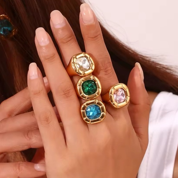 Anthropologie Green 18K Gold Stainless Steel Waterproof Gemstone Ring - Picture 7 of 15